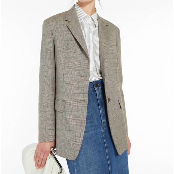 NEW WEEKEND MAX MARA burgos glen plaid wool blazer in biscuit